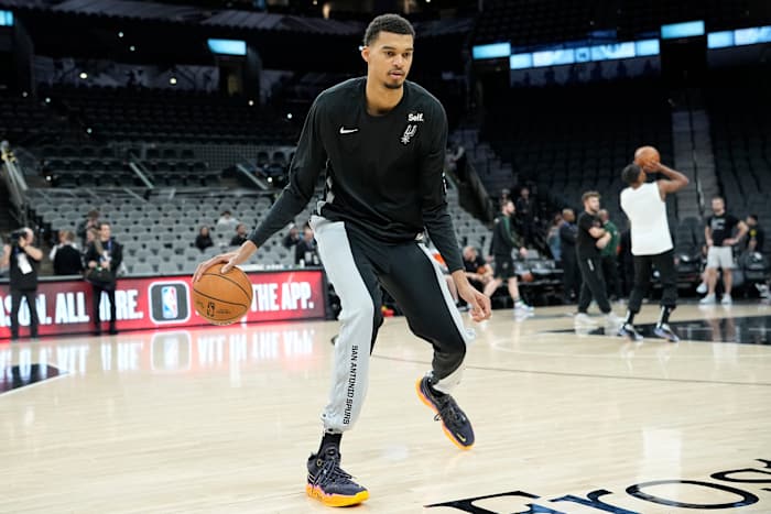 Jan 4, 2024; San Antonio, Texas, USA; San Antonio Spurs forward Victor Wembanyama (1) warms up before a game against the Milwaukee Bucks at Frost Bank Center.